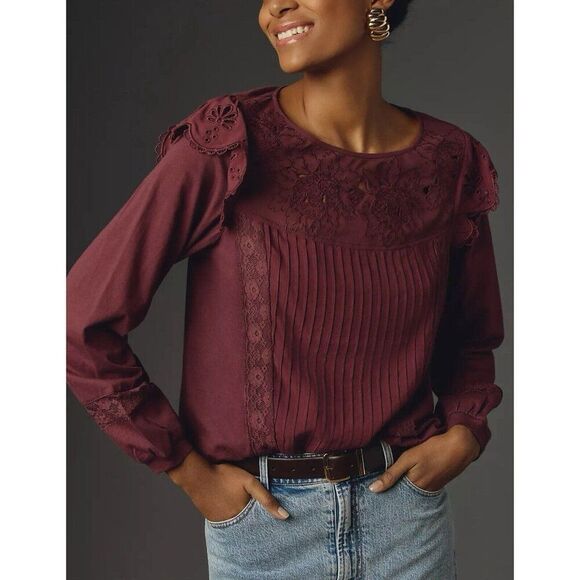 Anthropologie Tiny Top Womens Small Long-Sleeve Crescent Ruffled Lace Blouse NWT - Picture 1 of 15
